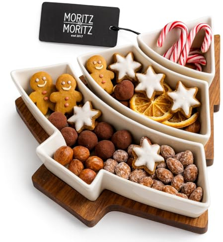 Moritz & Moritz Juego de cuencos de Navidad para servir con bandeja de madera de acacia, cuencos de cerámica para aperitivos, salsas, galletas y decoración de mesa festiva