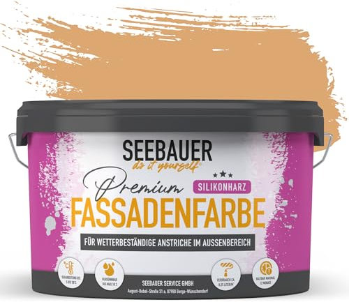 SEEBAUER diy Silikonharz-Fassadenfarbe Orange 5L für Außen (No. 519 Tangerine Temptation) Selbstreinigende Fassadenfarbe mit Lotuseffekt - Geeignet für Putz, Mauerwerk und Beton