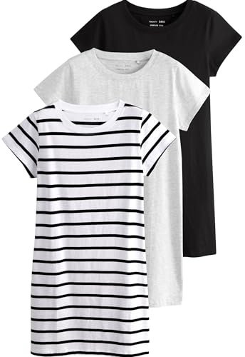 THE SET Damen t kurzärmelige T-Shirt-Kleider aus 100% Baumwolle, 3er-Pack Black/Grey/White Stripe M