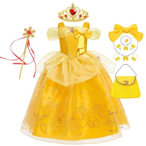 New front Bella y Bestia Niña Vestido de la princesa Bella Disfraz Mangas cortas con Accesorios para Fiesta Navidad Carnaval Cumpleaños Cosplay Halloween,Amarillo,140