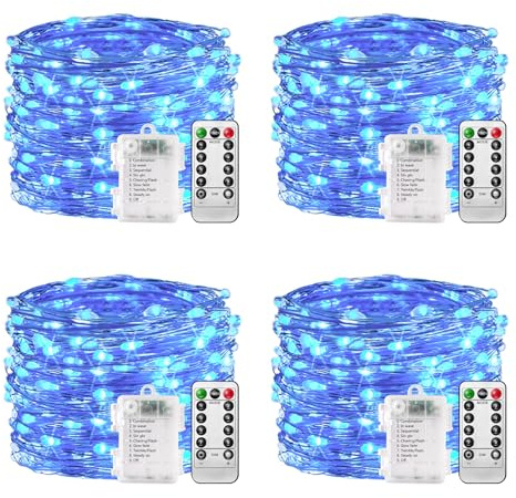 plainshe Lichterkette Batterie - 4 Stk Blau, 10m 100 LED Silberdraht Micro Lichterkette Außen Wasserdicht 8 Modi Fernbedienung Timer für Weihnachtsbaum Außen Innen Garten Hochzeit Balkon