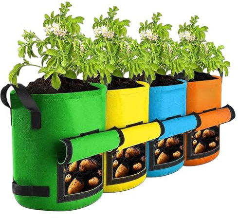 Fenayuu da Giardino Per Coltivare Ortaggi - 4 Contenitori in Tessuto con Finestra di Raccolta e Maniglie,Sacchetti per Vivaio per Taro Aglio Ravanello Cipolle Pomodori e Altri Ortaggi, Vasi da