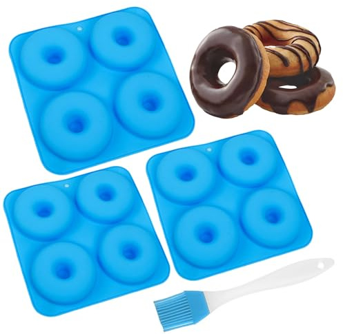 Godneei Set of 3 Silicone Doughnut Mould, Silicone Donut Moulds for Baking, DIY Four-Hole Cake Mould with Bonus Oil Brush, Durable and Easy to Clean