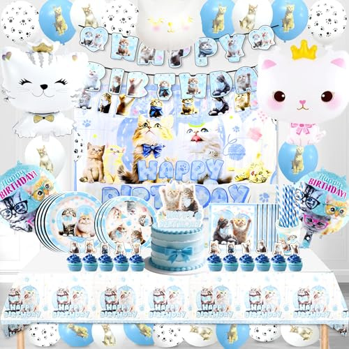 Decoration Anniversaire Chat 114 Pcs,Chat Thème Vaisselle Set avec Assiette,Bannière,Nappe,Gâteau Deco,Chat Ballon en Aluminium,Fournitures de Fête de Animaux,Chat Dèco Fille Garçons