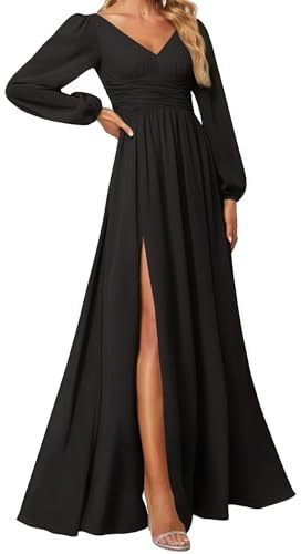 huitutu Abendkleider Elegantes Damen Für Hochzeit Lang Langarm Brautjungfernkleid Chiffon V-Ausschnitt Ballkleider Schwarz 38 Size