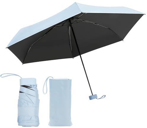 Mini Regenschirm Ultrakompakt Ultra Leichter Taschenschirm mit 99% UV Schutz und UPF50+ Stoßfestes Gewebe Stahlstange 91 cm Schirmfläche Himmelblau Perfekter Reise Koffer und Damen-Sonnenschirm
