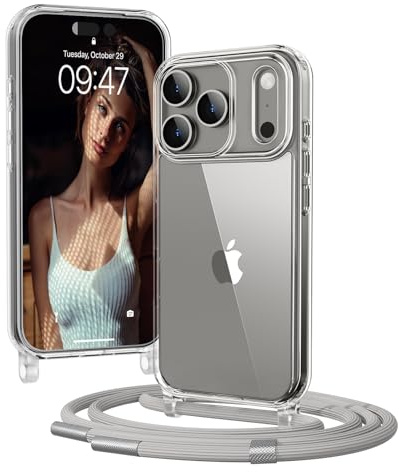 OLEPHY Trasparente Cover con Cordino per iPhone 17 Pro 6,3'', Argento | Custodia con Regolabile e Rimovibile Collana, Protezione Completa [Antiurto] [AntiGraffio] Case con Laccio Tracolla,