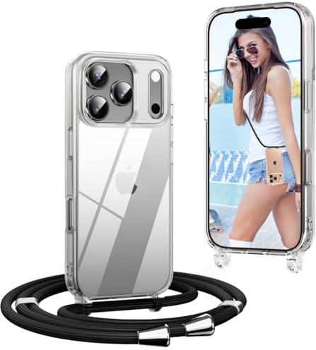 OLEPHY Crossbody Lanyard Case for iPhone 17 Pro with Strap, Black | Phone Cover with Adjustable and Removable Neck Strap, Soft Transparent Shockproof Protective Case