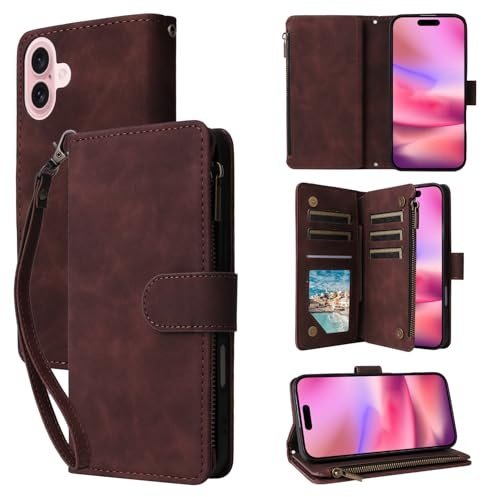 QLTYPRI for iPhone 17 Case, Large Capacity Leather Wallet Cover 6 Card Holder and 1 Zipper Pocket Kickstand Wrist Strap Magnetic Protective Cover - Coffee Brown