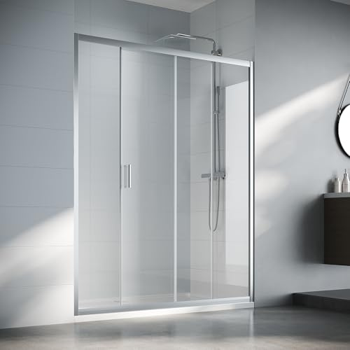 SIRHONA Cabine de douche Coulissante 150 x 185 cm Paroi de douche Transparent coulissante verre sécurit 5mm, Facile à nettoyer, blanc argenté