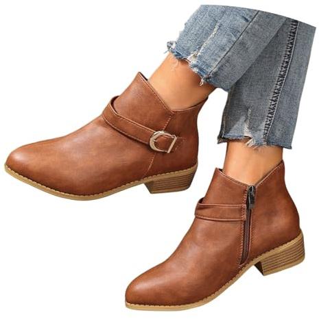 Botines Con Hebilla Metálica Botas Chelsea for Mujer Con Tacón De Bloque Botines Vintage De Cuero De PU Boots De Motociclista Con Punta Puntiaguda Zapatos De Tobillo Con Cremallera(Brown,43 EU)