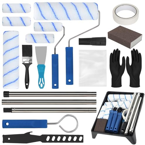 Topsky 21-teiliges Farbroller Set mit 1m Edelstahl Teleskopstange| Malerrollen Set in 23+11cm, Pinsel Schaber Abdeckfolie Malerband Farbwanne, für Wandfarbe & Lacke | Ideal für Renovierung, Innenwände