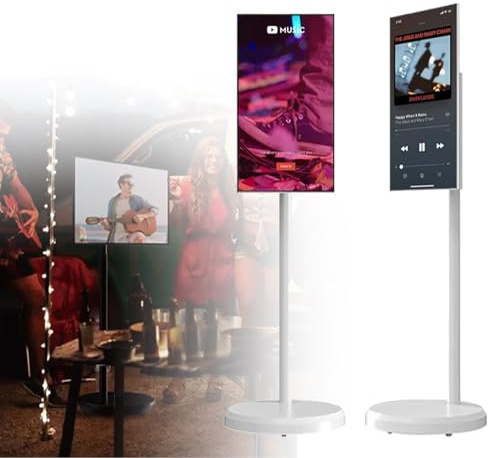 Smart TV portátil con sistema operativo Android, monitor de pantalla táctil sobre ruedas, cámara web y control remoto para entretenimiento móvil