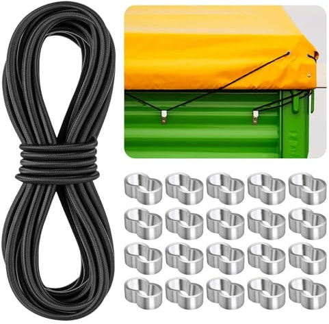 Corda Elastica 10m,Corde Elastiche per Teloni con 20 Anelli di Crimpatura in Alluminio M6,Corda di Gomma Elastica Nera,Cordino Elastico Portapacchi per Rimorchio,Tende,Giardini e Trasporto