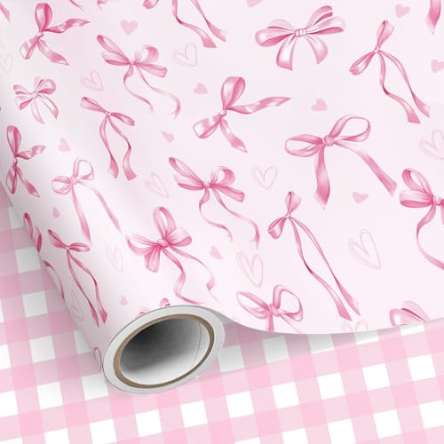Neloheac Rollo de Papel de Regalo Reversible, Diseño Lazos y Cuadros en Rosa, 43 cm x 10 m, Ideal para Cumpleaños de Niñas Mujeres, Día de la Madre, San Valentín, Bridal Shower, Boda
