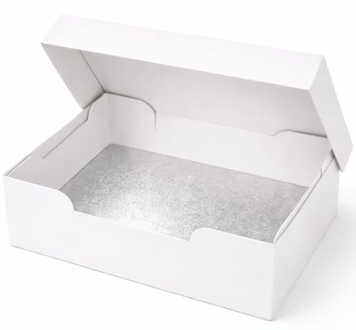 Natural Cuisine 16 x12 Inch Rectangle Cake Box with Cake Board – Strong White Bakery Cake Boxes with Silver Fern Cake Board – Professional Cake Packaging for Bakers