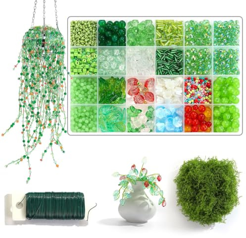 Bubaxuce 1300 Piezas Juego de Cuentas, Cuentas Verdes Planta, Cuentas de Vidrio Verdes, Set de Plantas DIY con Cuentas para Manualidades, Bisutería Artesanal y Creaciones Vegetales Creativas