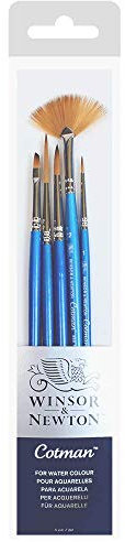 Winsor & Newton, Cotman Watercolour Synthetic Brushes, Short Handle, Pack of 5 (1 and 5 Round, 1 Rigger ,2 Fan, 3mm Angled)