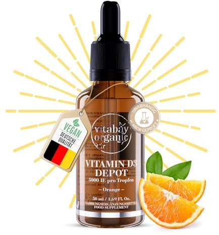 Vitabay Vitamin D3 Tropfen 50 ml | 1.500 vegane Tropfen | Hochdosiert mit 5.000 IE | Erfrischender Orangengeschmack | Laborgeprüft & hergestellt aus hochwertigen Rohstoffen