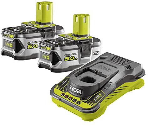 RYOBI 18 V ONE+ Akku-Starterset mit 2 High Energy Akkus 5,0 Ah und Schnellladegerät, erhöhte Laufzeit