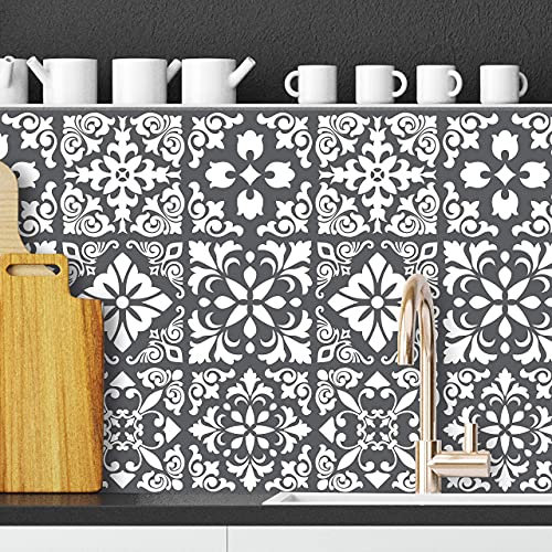 WALPLUS 24 pcs 15cm Dark Grey Spanish Renaissance Tiles Removable Peel and Stick Mosaic Tiles Vinyl Self Adhesive Backsplash Bathroom Kitchen Stick On Tile Paint Tile On Wall, WT1542..