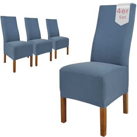 Scheffler Home Stuhlhussen 4er Set Blau Jersey Baumwolle Emma | Waschbare Stuhlbezüge, Stretch Chair Cover für Hochlehner, Polsterstühle und Esszimmerstühle, Öko-Tex zertifiziert