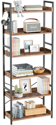 Rolanstar Bookshelf 6 Tier with 4 Hooks, Industrial Wood Bookcase, Vintage Storage Rack with Open Shelves, Rustic Standing Bookshelves Metal Frame Display Rack for Living Room, Bedroom, Rustic Brown