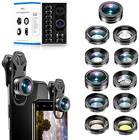 11 in 1 Kit obiettivo fotocamera telefono 205 ° Fisheye 140 ° Super grandangolare 15X Macro Star CPL ND32 Caleidoscopio 4 Lenti a colori per iPhone Samsung Huawei e la maggior parte degli smartphone