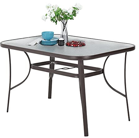 XEMQENER Rectangle Garden Dining Table, Patio Table with Parasol Hole, Tempered Top Glass Bistro Table for Outdoor, Garden Tables Only, Brown, 150 * 90 * 72CM
