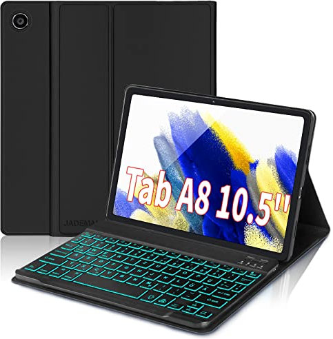JADEMALL Für Galaxy Tab A8 Hülle mit Beleuchtung Tastatur - 7-Farben RGB Tastatur, Deutsches QWERTZ Bluetooth Keyboard für Samsung Tab A8 10.5 2021 (SM-X200/X205/X207) - Schwarz