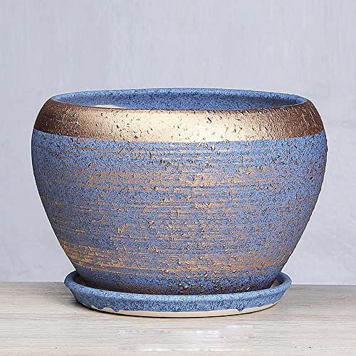 WJFMZS Pot De Fleur en Céramique pour La Maison Intérieur Extérieur, Or Bleu Extra Large Style Chinois Paysage Pots en Céramique Maison Plante Verte Chlorophytum Jardinière en Pot avec Plateau