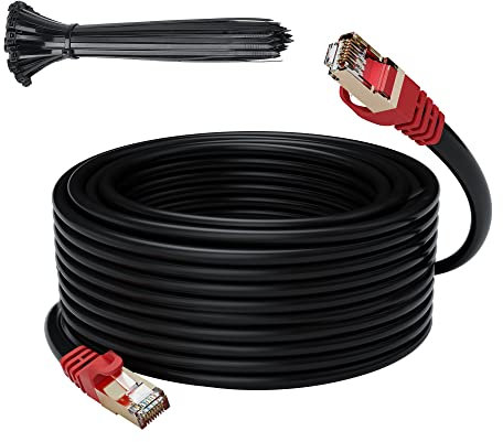Cat 6E/Cat7 Outdoor Ethernet Cable 80 feet,Adoreen Heavy-Duty Shielded Cord(from 25-300ft) 26AWG Pure Copper SFTP Waterproof UV PE Jacket,POE,10Gbps,Direct Burial&Indoor,Cat 7 Cat6A+15 Ties(24.4m)