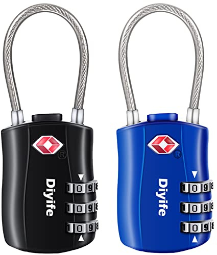 TSA Candados de Equipaje, [2 Paquetes] Diyife CombinacióN Candados, Candado de Seguridad de 3 DíGitos, Bloqueo De CóDigo para Maletas Equipaje Viaje (Negro y Azul)