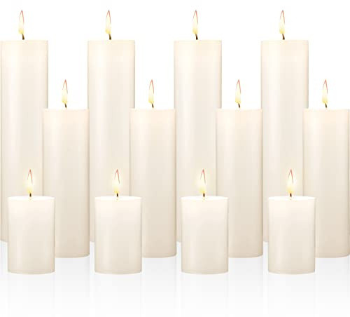 Nuogo 12 pcs Ivory Pillar Candles Dripless Unscented Candles Paraffin Wax Tall Tapers for Wedding Spa Birthday Holiday Bath Party Restaurant Home