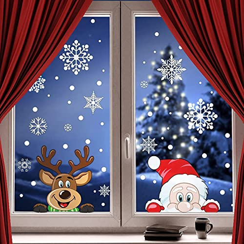 JOFONY Weihnachten Aufkleber Fenster,300 PCS Fensteraufkleber für Weihnachten,Schneeflocken Weihnachtsmann Elch Fensterbilder für Fensterdekoration,Türen,Schaufenste