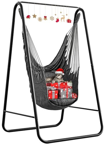 YITAHOME Hängesessel mit Gestell 85x92x153 cm, Stabiles Stahlgestell, Hängemattenständer mit Hängender Schaukel, Max. Belastung 150 kg, Schaukelstuhl mit 2 Haken und 2 Rückenkissen für Garten, Schwarz