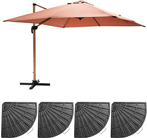 Oviala Parasol déporté 3x3m et 4 Dalles lestées Effet Bois Argile