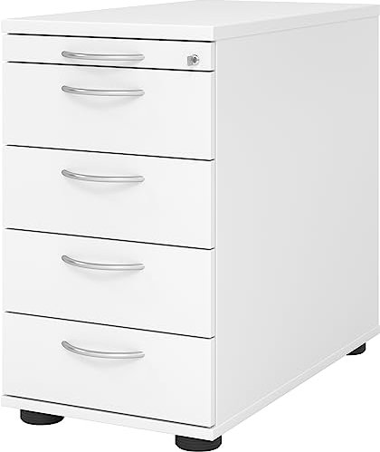 bümö Schreibtisch Schrank abschließbar, Schubladenschrank Holz in weiß, Container mit Schubladen - Schubladen Schrank Büro, Schreibtisch Container od. Schreibtisch Kommode mit Bogengriffe