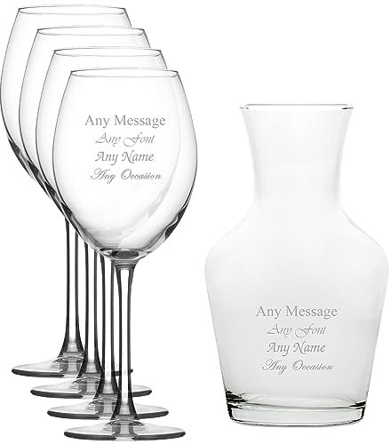 Lot de 4 verres à vin Enoteca gravés personnalisés et carafe à vin de 500 ml, personnalisables avec n'importe quel message pour toute occasion, stylisez à partir d'une variété de polices, boîtes