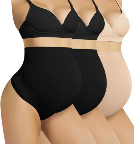 Boguish sous-vêtements de maternité sans Couture sur Le Ventre avec String Taille Haute pour la Grossesse, Lot de 2, Noir + Nude, X-Large