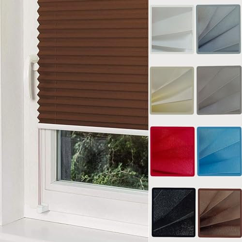 Premium Plissee Faltrollo ohne Bohren 80 x 220 cm Sonnenschutz und Sichtschutz lichtdurchlässig Plisseerollo Jalousie für Fenster mit Klemmträger / -fix für Tür & Fenster, Braun