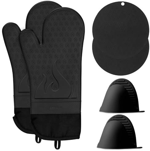 GEEKHOM Silicone Oven Gloves Set, Heat Resistant Oven Mitts Kitchen Cooking Gloves with Pinch Grip Pot Holder Trivet Gloves Waterproof Gloves Accessories for BBQ Grilling Baking Frying Barbecue, Black