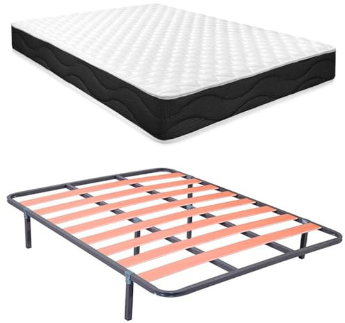Homey - Letto completo con materasso Sleep Pro Reversibile + Cuscini + Rete a doghe Basic con 6 gambe morsetto, 135 x 190