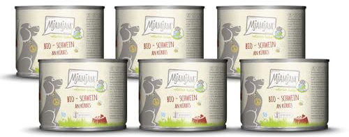 MjAMjAM - Cibo umido premium per cani - naturalmente delizioso - Maiale BIO con zucca, confezione da 6 (6 x 200 g), senza cereali con carne extra