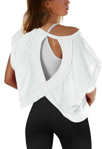 SENSERISE Womens Open Back Workout Tops Backless Short Sleeve Athletic Shirt Running Crop Top Gym Yoga Tee(Snow White,S)