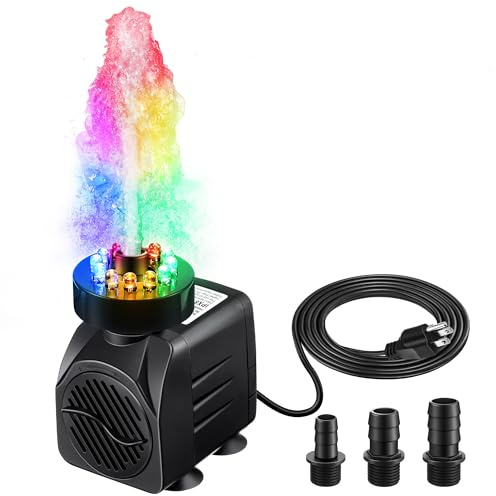 Dreyoo 25W 475Gph Submersible Water Pump for Fountain with 5.9ft High Lift, Ultra Quiet Fountain Pump with Light, Water Fountain Pump with 3 Nozzles for Outdoor, Aquariums, Fish Tanks, Garden Statues
