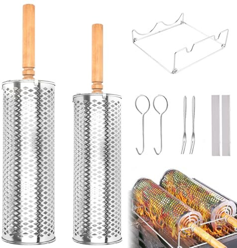 Foyucool Set di Cestello per Grigliare, 2 Pz Cestini per Barbecue Rotante, Design Annidabili, in Acciaio Inox Ispessito, Manico in Legno Rimovibile, per Barbecue, Campeggio, per Carne e Verdure