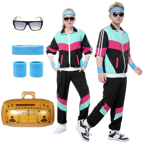 Harsever 80er Jahre Outfit Herren Damen, 80er Retro Jogginganzug, Trainingsanzug Jacke Hose Anzug mit Stirnband Armschienen Brille aufblasbares Radio für Karneval (Schwarz, L)