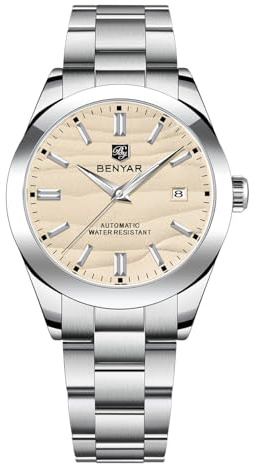 Benyar Automatisk klocka för män 40 mm urtavla 50 m vattentät lysande visare med datum klassisk rostfritt stål herrklocka, GUL, Minimalist