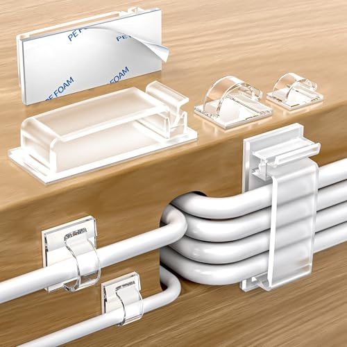 Kimsky Kabelhalter 100 Stück, Kabelhalter Selbstklebend, Kabel Organizer | 40 Große + 30 Mittlere + 30 Kleine Kabelmanagement, Kabelclips mit Kleber, Cable Management für Heim, Büro – Transparent